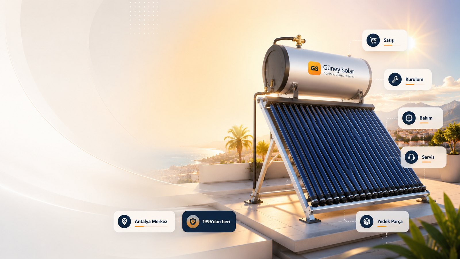 Antalya manzaralı çatıda Güney Solar güneş enerjili sıcak su sistemi, kazan ve vakum tüplü kolektör